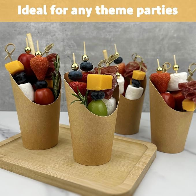 CAMKYDE 50 Charcuterie Cups + 200 Cocktail Picks + 56 Labels, 12 oz Disposable Charcuterie Cups with Sticks (2 Types), French Fry Cup Brown Paper Appetizer Cup for all Occasions