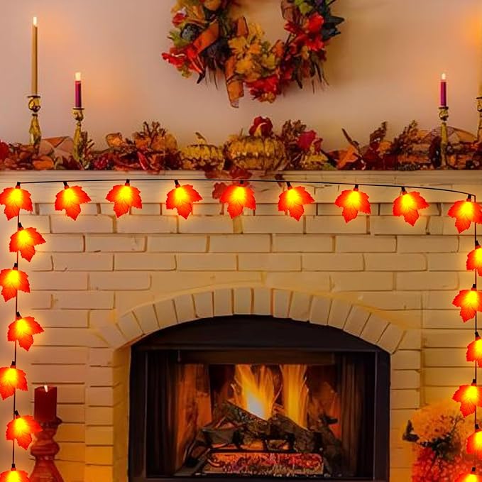 8.5FT Autumn Maple Leaf Lights – 10 LED 3D Orange Leaves, Plug-in String Lights for Fall Decor, Thanksgiving, Halloween, Fireplace & Party Decorations