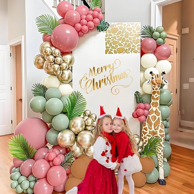Pink Green Brown White Balloon Garland Arch Kit, 166Pcs Blush Pink Pastel Green White Sand Tan Brown Boho Balloons for Baby Shower Birthday Wedding Safari Jungle Woodland Party Decorations