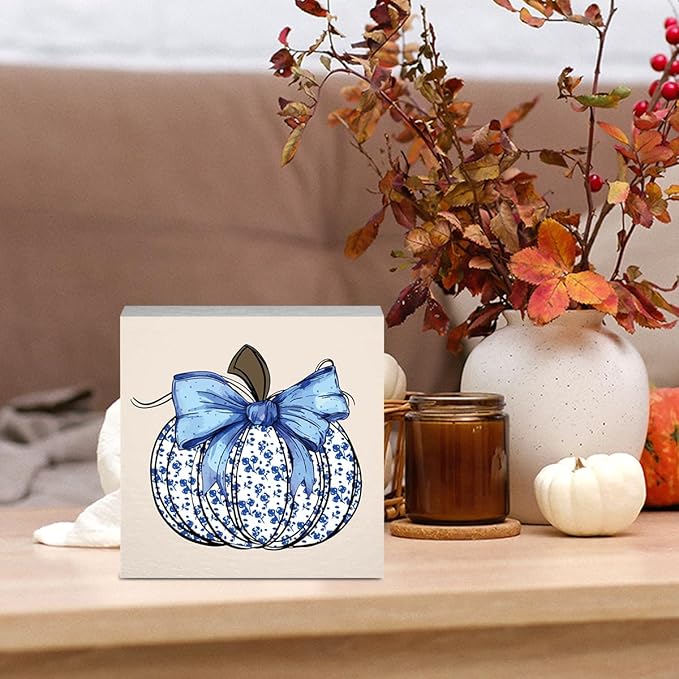 Cute Fall Decor Blue Floral Pumpkin Fall Decorations for Home Office Thanksgiving Autumn Pumpkin Decor Funny Autumn Decorations for Desk Table 5 x 5 inches
