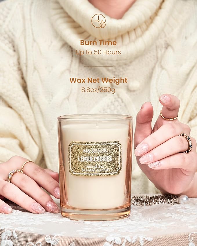 M&SENSE Lemon Scented Candles, Classic Size 8.8 oz Glitter Jar Candles, Holiday Candles Gifts for Women, Strong Scented Natural Soy Candle for Winter Home Decor, 50 Hours Long Burning Candle