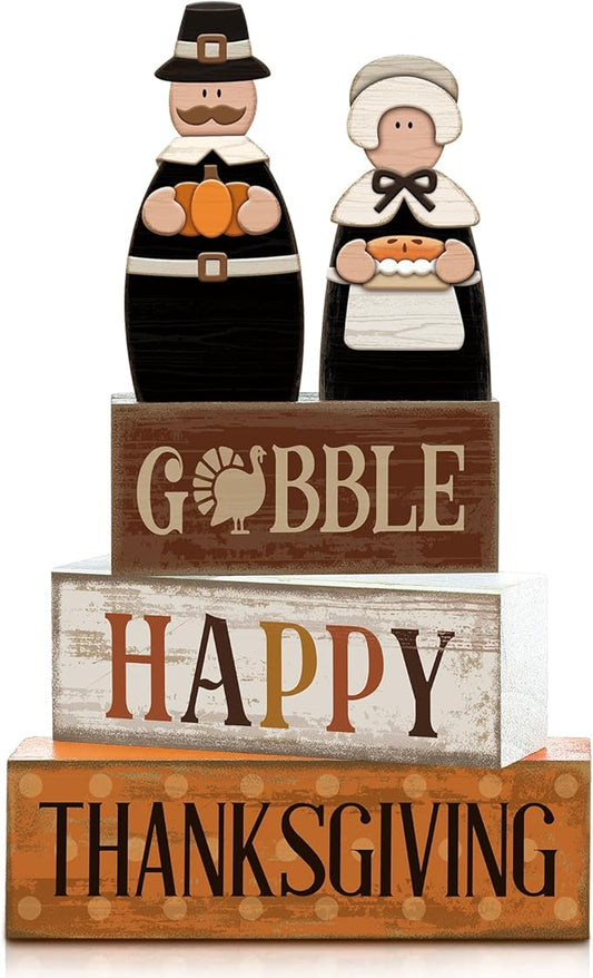 4 Pcs Thanksgiving Decoration for Home Wooden Pilgrim Couple Decor Thanksgiving Tiered Tray Decor Fall Centerpiece Rustic Decorative Pilgrim Block Sign Gift Farmhouse for Home Kitchen