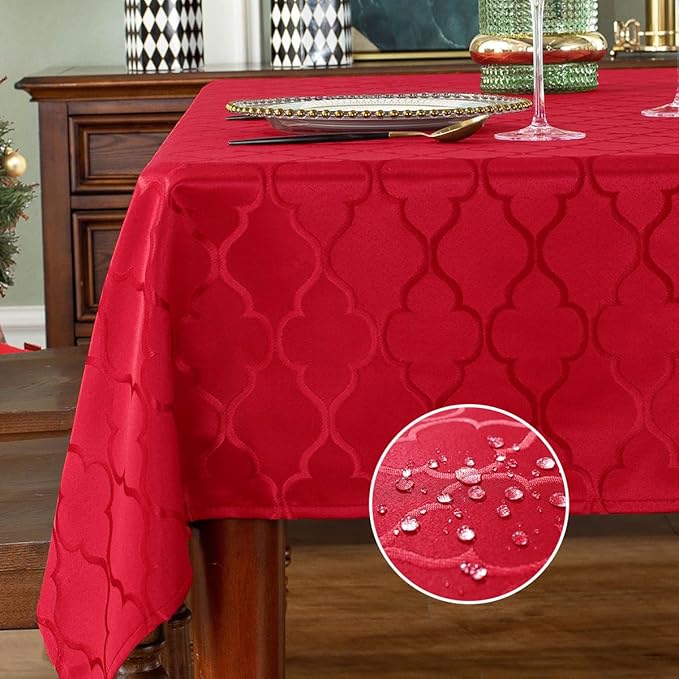 SASTYBALE Rectangular Tablecloth Damask Fabric Table Cloth, Water Resistant Wrinkle Free Polyester Table Cover for Kitchen Dining, Parties, Xmas (Rectangle/Oblong, 60" x 84" (6-8 Seats), Red)