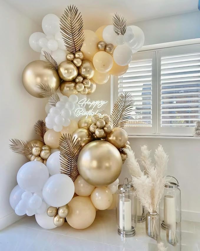 143 Pack Gold White Champagne and Pearl Balloons Garland & Arch Kit-Small and Large White， Gold Balloons -Gold and white Bridal Shower Wedding Birthday Baby Shower Party Decorations