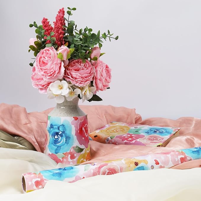 LaRibbons Reversible Floral Wrapping Paper Roll, 17 Inch x 33 Feet (46.7 Sq. Ft) Double-Sided Colorful Watercolor Rose and Colorful Checkered Design for Wedding, Mother’s Day, Bridal Shower, Easter