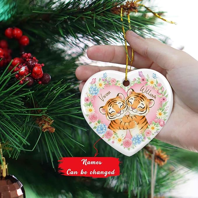 Mr & Mrs Tiger Ceramic Xmas Ornament, Custom Names Couples Tiger Engaged Christmas Ornament, Personalized Couples Animals Floral with Butterfly Ornaments, Keepsake Gift for Wedding Anniversary