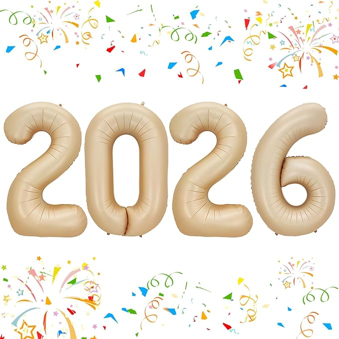 KALOR 42 Inch 2026 Caramel Mylar Number Balloons, 2026 New Years Foil Balloon for 2026 Happy New Year Eve and Graduations Decorations Party Supplies