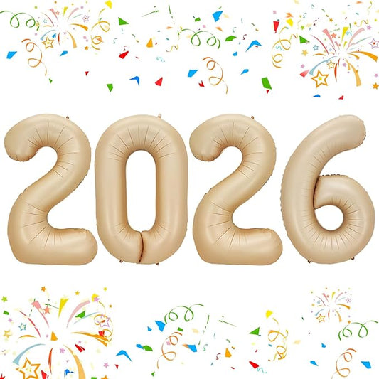 KALOR 42 Inch 2026 Caramel Mylar Number Balloons, 2026 New Years Foil Balloon for 2026 Happy New Year Eve and Graduations Decorations Party Supplies