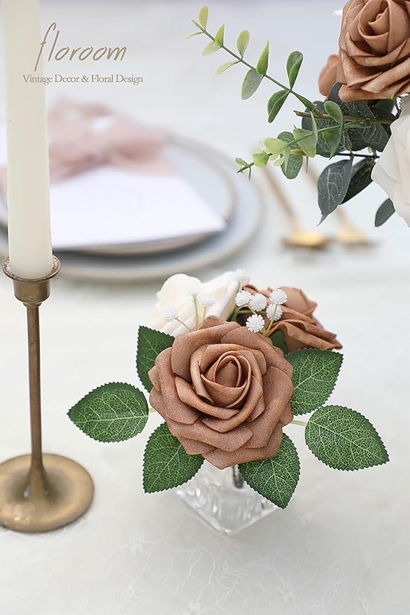 Floroom Artificial Flowers 25pcs Real Looking Gold Sparrow & Cream Foam Fake Roses with Stems for DIY Wedding Bouquets Bridal Shower Centerpieces Floral Arrangements Party Tables Home Decorations