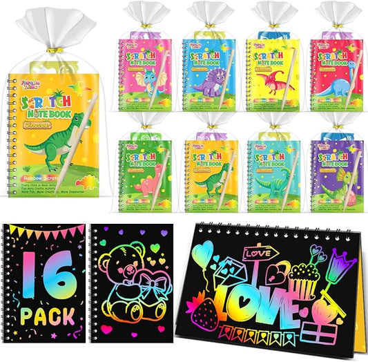 Kids Scratch Art Party Favors Gifts: 16 Pack Dinosaur Scratch Notebook Paper Birthday Party Favor Toy Girls Boys Art Craft Kit Summer Classroom Goodie Bags Return Gifts for Birthday Party Favors Bulk