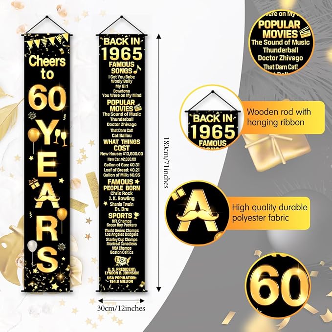 60th Birthday Party Anniversary Decorations Cheers to 60 Years Banner Party Decorations Welcome Porch Sign for Years Birthday Supplies (60th-1965)