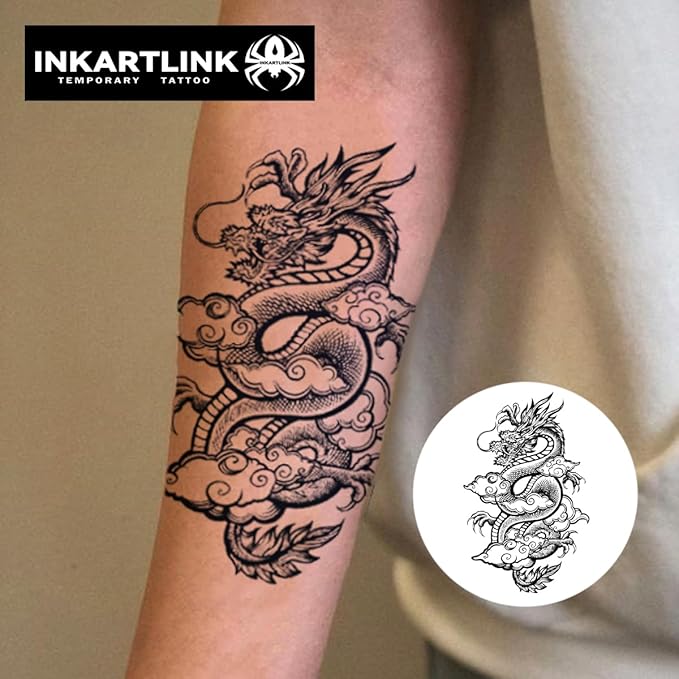 INKARTLINK Tattoo Tech,2 Sheets Extra-Large Semi Permanent Tattoo,Adult Art Design Temporary Tattoos, Lasts 1-2 Weeks, Waterproof, Realistic look, No Adhesive, No reflection (Dragon Design）