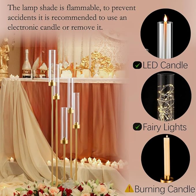 6PCS 5 Arm Candle Holder for Wedding Table,39.4'' Tall Gold Floor Candelabra with Acrylic Lampshade for Birthday Party Home Decoration,Fit LED Taper Candles