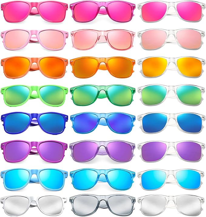 SUNOVELTIES 12/24 Pack Neon Party Sunglasses Mirrored/Jelly Lens Bulk Glasses Horn Rimmed Eyewear for Men Women