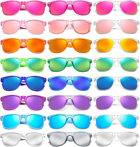 SUNOVELTIES 12/24 Pack Neon Party Sunglasses Mirrored/Jelly Lens Bulk Glasses Horn Rimmed Eyewear for Men Women