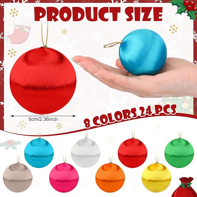 Syhood 24 Pcs 2.36 Inch Christmas Satin Balls Ornaments DIY Craft Foam Silk Christmas Ball Ornaments DIY Multicolor Yarn Xmas Tree Hanging Decoration for Xmas Tree Party Holiday Supplies