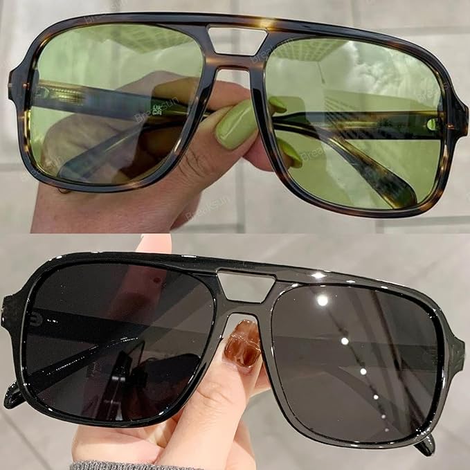 Retro Aviator Sunglasses for Women Men Trendy Classic 70s Square Green Aviator Sun Glasses Vintage Shades