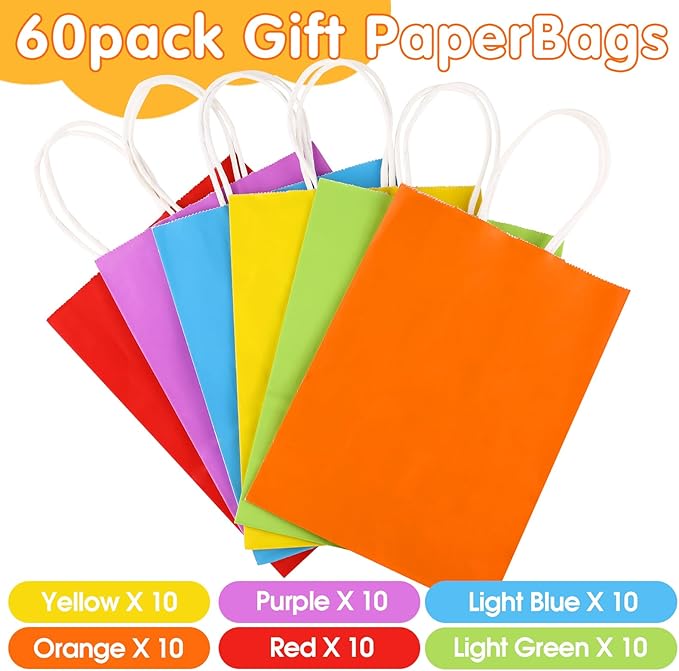 XPCARE 60Pcs Paper Gift Bags, 6.3"x3.15"x8.66" Kraft Paper Party Favor Bags Bulk Rainbow Goodie Bag Small Gift Bag with Handles for Kids Birthday Baby Shower Crafts Wedding Party Supplies (6 Colors)