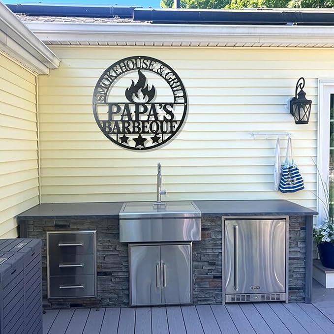 Custom BBQ Metal Sign - Personalized Grill Name Hanging Decor - Outdoor Kitchen Bar Accessories - Housewarming, Birthday Gift for Dad, Grandpa, Husband