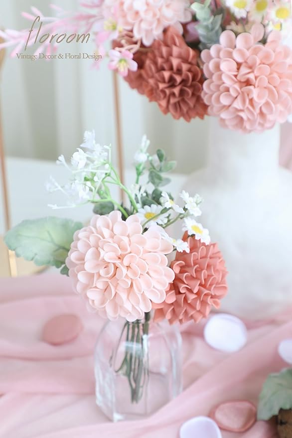 Floroom Artificial Dahlia Flowers 25pcs Real Looking Dusty Rose Shades Foam Fake Roses with Stems for DIY Wedding Bouquets Bridal Shower Centerpieces Floral Arrangements Party Tables Home Decoration