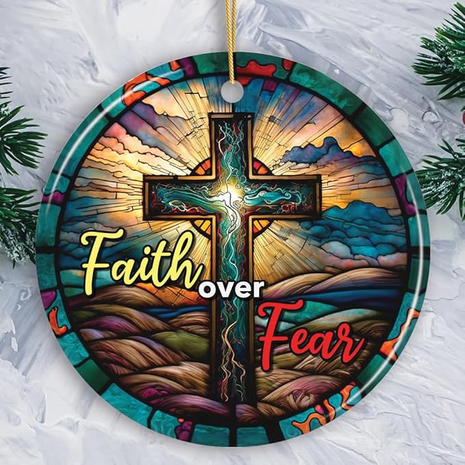Religious Cross Jesus Stained Glass Art Ornament with Faith Over Fear Quote