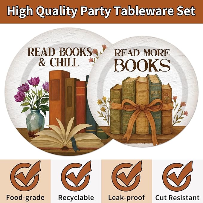 96 Pcs Vintage Book Theme Decoration Disposable Tableware Set - Book Club Birthday Party Paper Plates Napkins Forks Library Reading Birthday Baby Shower Party Supplies for Serve 24 Guests