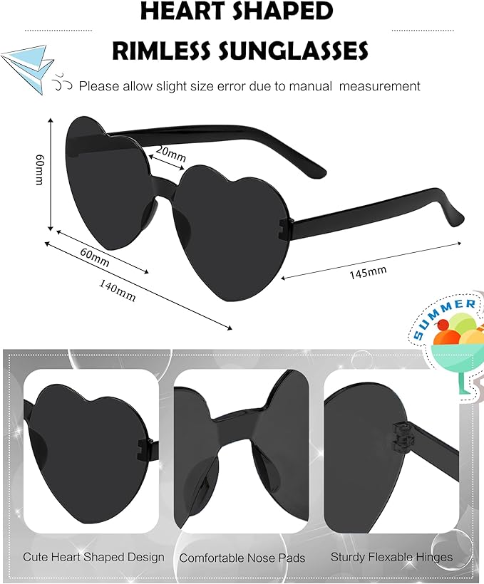 40 Pairs Heart Shaped Sunglasses Bulk, Colorful Rimless Fun Heart Sunglasses for Women Party Favors