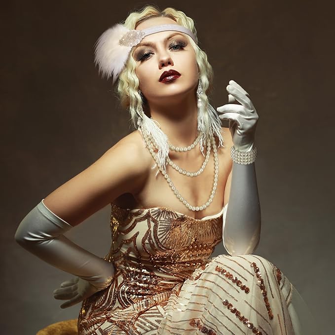 Maitys 1920s Accessories Set for Women Flapper Costume Feather Headband Necklace Bracelet Earrings