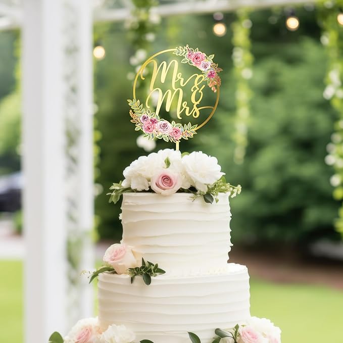Mr & Mrs Cake Topper Gold Acrylic Wedding Cake Topper Floral Cake Decoration (Design 01)