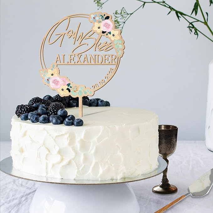 Personalized God Bless Cake Topper Custom Name & Date Baptism Christening Communion Cake Topper Decoration (Design 01)