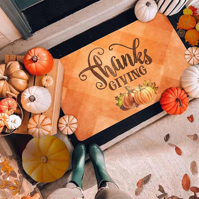 InterestPrint Thanksgiving Doormat Fall Door Mat, Pumpkin Welcome Mats Outdoor Autumn Doormats for Front Door Decorations Autumn Harvest Vintage Thanksiving, 30"x18"inch