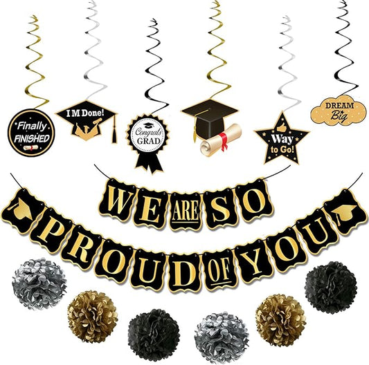 KatchOn, Black and Gold Graduation Party Decorations 2025 - Pack of 34 | We Are So Proud of You Banner | Grad Hanging Swirls with Pomp Poms for 2025 Grad | Graduation Decorations 2025