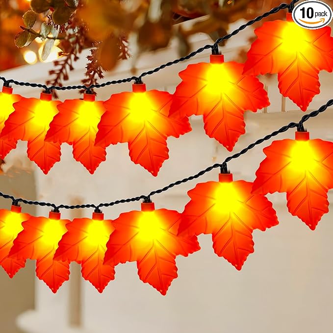 8.5FT Autumn Maple Leaf Lights – 10 LED 3D Orange Leaves, Plug-in String Lights for Fall Decor, Thanksgiving, Halloween, Fireplace & Party Decorations