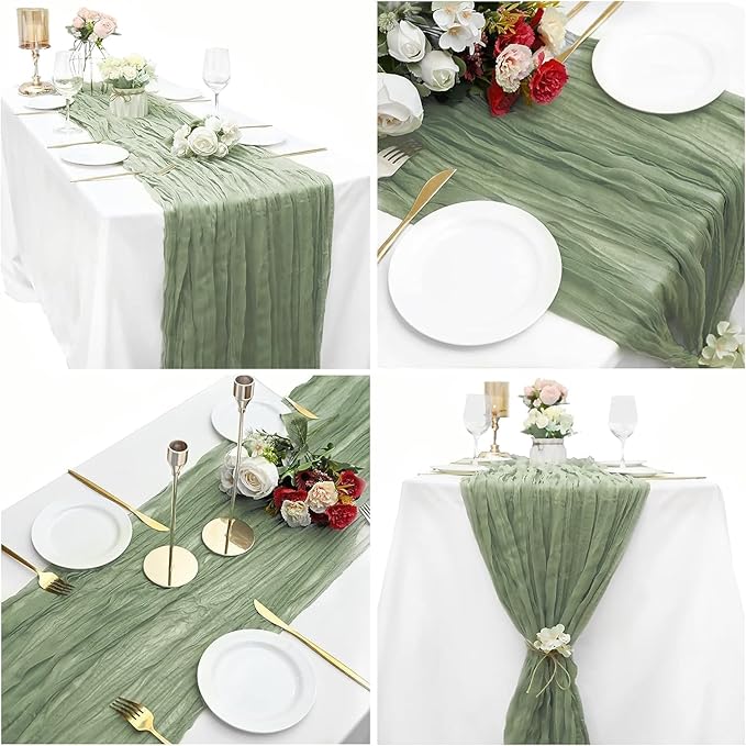 12 Pack Cheesecloth Table Runner, 35 x120 Inch Boho Gauze Sage Green Table Runner 10ft Rustic Sheer Long Cheese Cloth Runners for Christmas Wedding Party Baby Shower Table Decor