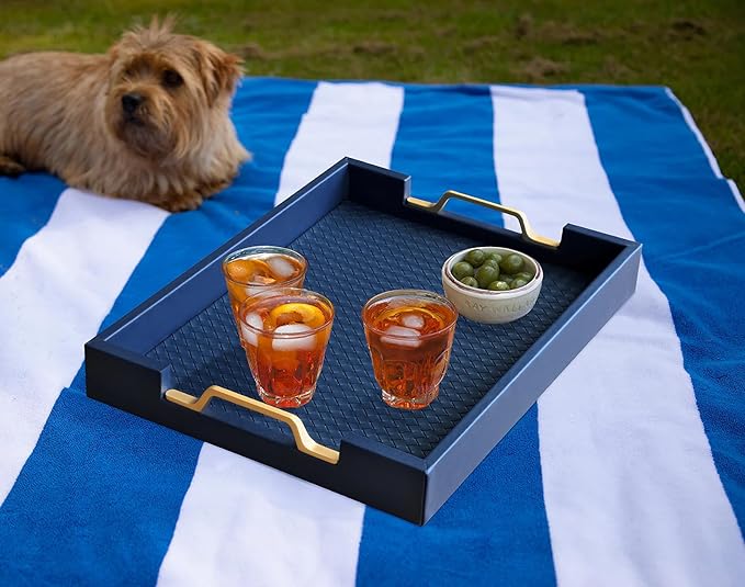 HofferRuffer Faux Leather Rectangle Serving Tray Decor Platter with Gold Metal Handles for Coffee Table, Breakfast, Tea, Food, Countertop, Kitchen, Butler Tray, 16.2 x 12.2 x 2 inches (Navy Blue)