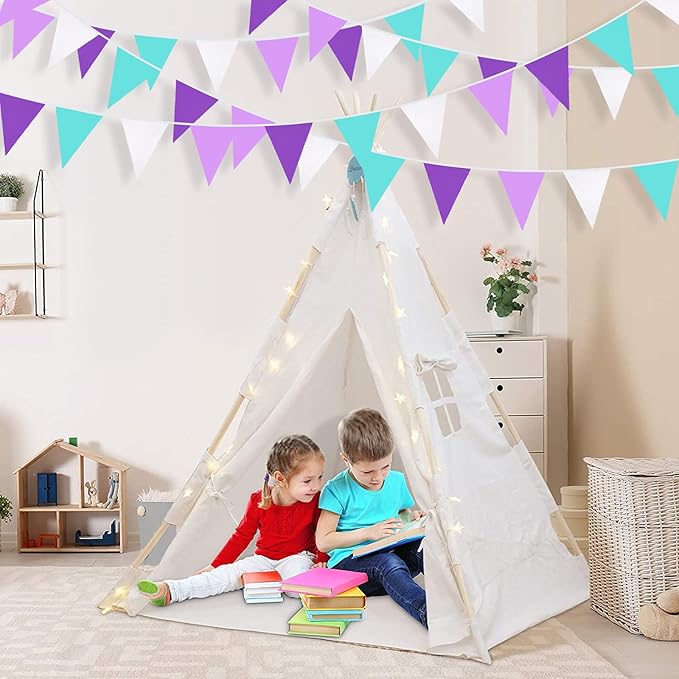 10M/32Ft Purple Aqua Blue and White Banner Decorations Triangle Flag Fabric Pennant Bunting Garland for Little Mermaid Theme Girls Birthday Wedding Bachelorette Baby Shower Under The Sea Party(36Pcs)