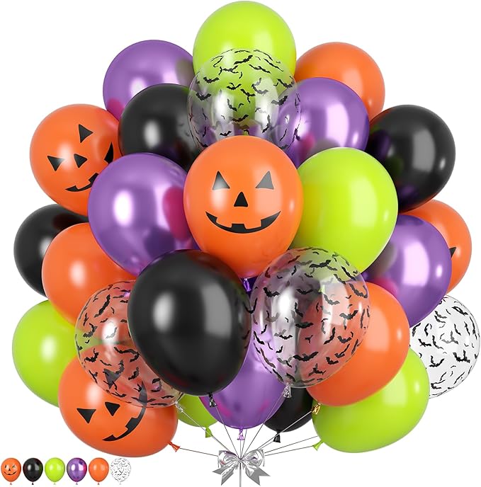 Halloween Party Balloons, Black Orange Green Purple Party Balloons, Metallic Purple Balloon Bat Pumpkin Head Printed Balloon for Halloween Birthday Baby Shower Home Garden Party Decoration