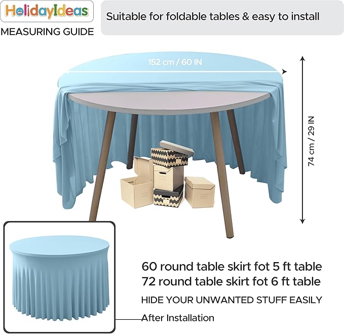 60 Inch Spandex Round Table Skirts ,Fitted Stretch Tablecloths for Round 5 ft Table, Wrinkle-Free Ruffle Design Tablecloths for Baby Shower, Banquets,Trade Shows, Parties, Events, Baby Blue,6 Pcs