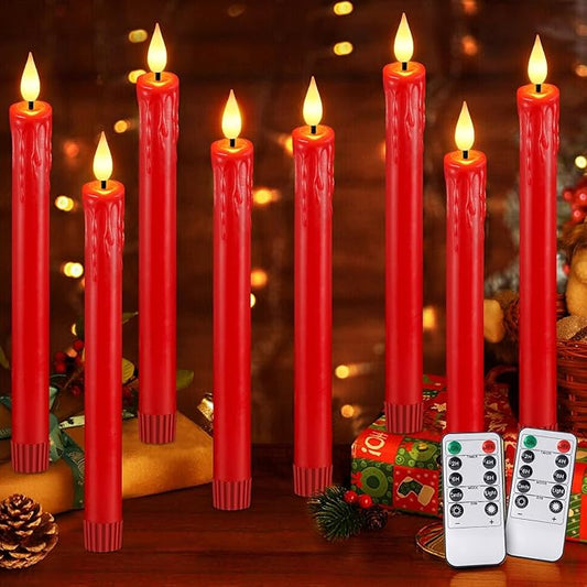 OCATO Flameless Candles with Remote Timer: 8 Pcs Battery Operated Window Candles 9.6" Real Wax LED Flickering Flameless Taper Candles 3D Wick Lights Halloween Christmas Wedding Party Decorations Red