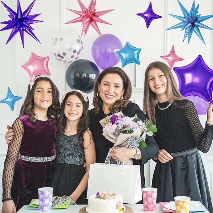 16 Pcs Pink Purple Blue Star Balloons, 22/18/10 Inch Foil Balloons, Four-Pointed Balloon for Girl Princess Mermaid Birthday Baby Shower Party Decorations