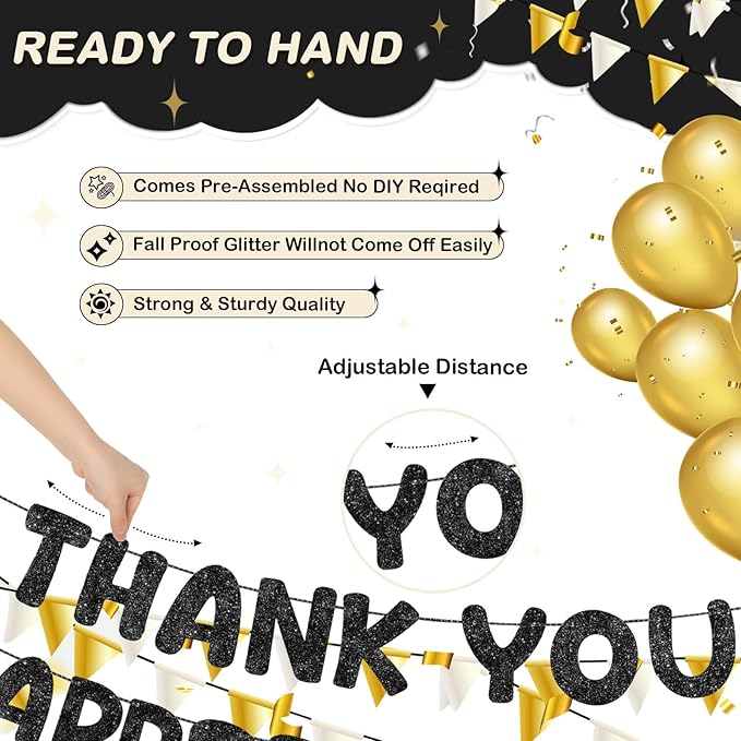 Fulmoon Pre Strung Thank You We Appreciate You Glitter Banner Funny Appreciation Banner for Employee Coworker Staff Teacher Thank Sign Party Decorations (Black)
