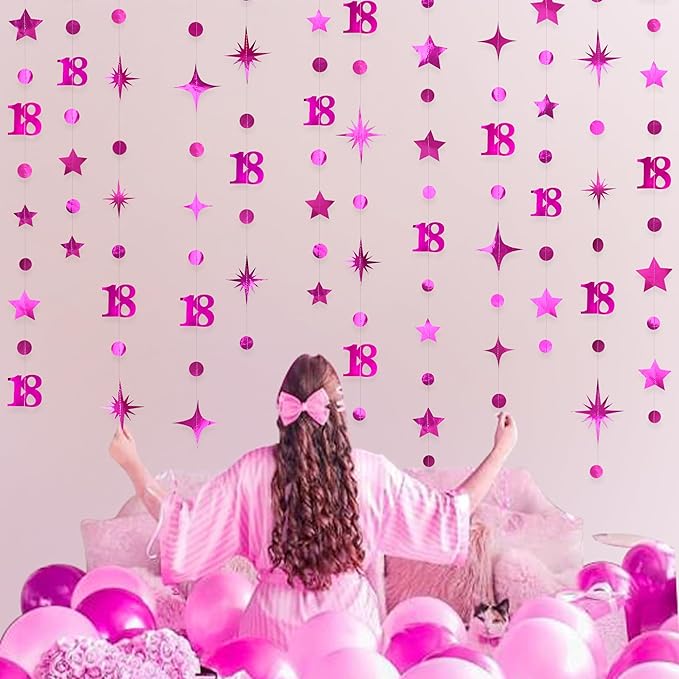 Hot Pink 18th Birthday Decorations Number 18 Circle Dot Twinkle Star Garland Metallic Streamer Banner Backdrop for Girls Happy 18th Birthday Time to Adult Cheers to 18 Years Old Anniversary Party