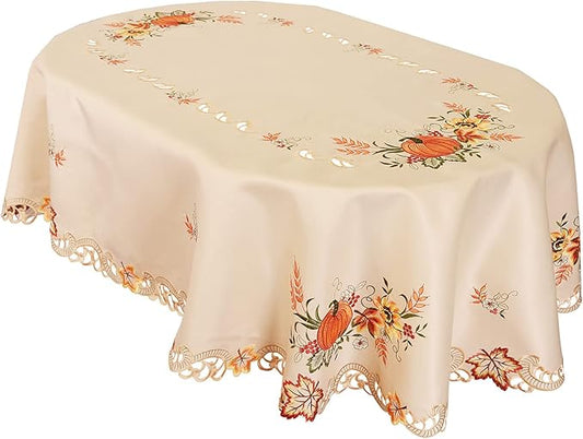 Simhomsen Large Embroidered Oval Fall Autumn Harvest Pumpkins Tablecloth for Thanksgiving (Oval 57×101 inches)