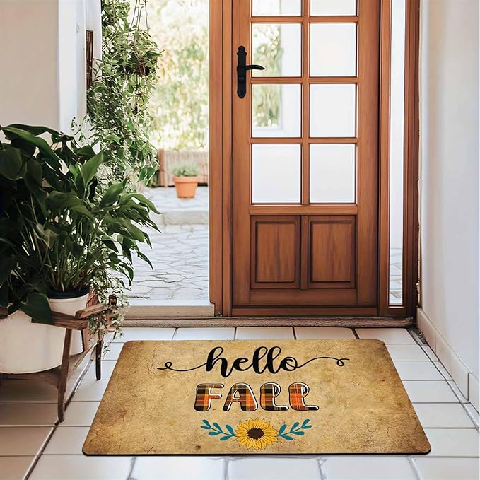 Hello Fall Doormat Thanksgiving Welcome Mat for Front Door Autumn Doormat Floor Mats Indoor Outdoor Home Living Room Kitchen Thanksgiving Decoration, 30"x18"inch