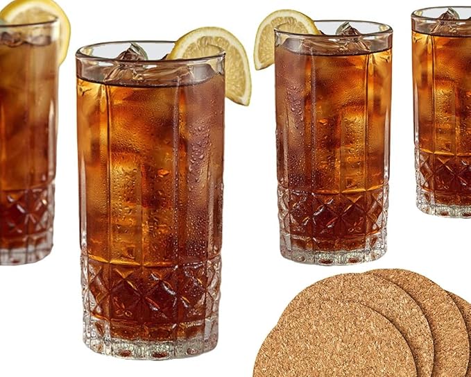 AMZ Empire 13 Oz Drinking glasses Set of 4 - Strong Glass Beautiful And Elegant Evora Highball Glasses - Cocktail Glasses, Tumbler Cup, Cold Beverage Glasses with Coasters
