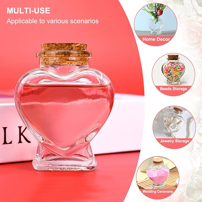 2 Pcs Heart Shaped Glass Bottle with Cork Stopper,160ml Large Empty Jar Decorative for Paper Stars,Wedding Wishes Love Notes Pet Hair Memory Keepsake Romantic Gift 3.3" Opening（Love）