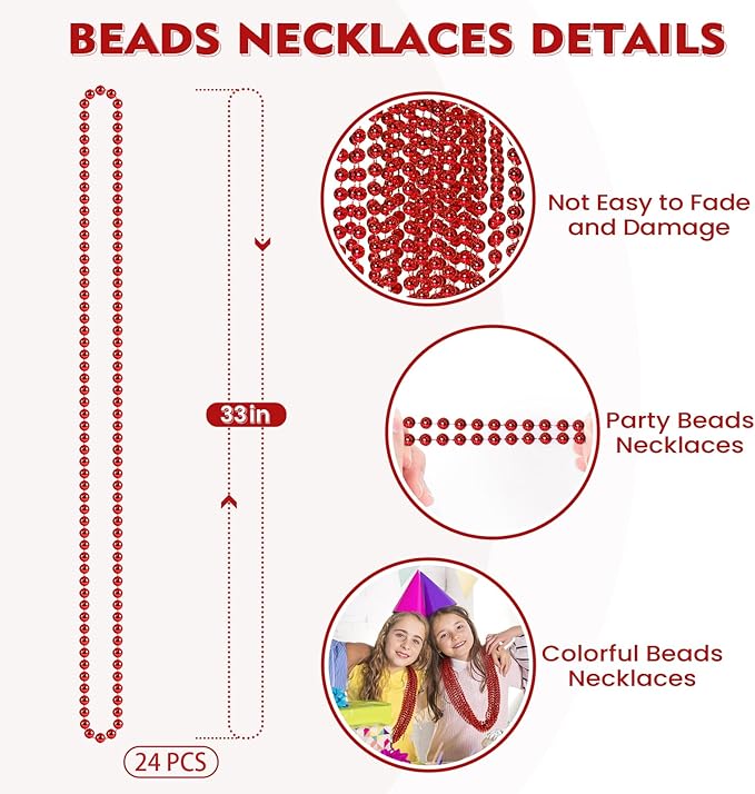SHAOQINLIN 24 PCS Red Mardi Gras Beads, Christmas Necklaces, Valentine Bead Necklace, 4th of July Necklaces, 33'' Party Beads for Patriotic Day, Mardi Gras, Christmas Party Favors