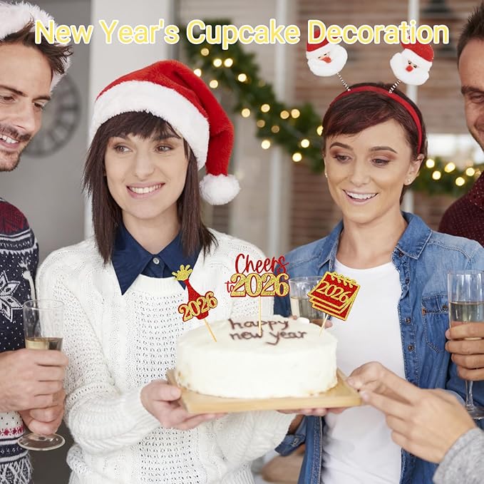 24 Pcs Happy New Year Cupcake Toppers Glitter 2026 Cupcake Picks Fireworks Hello 2026 Cake Decorations for Cheers to 2026 Happy New Year Party Supplies (Red & Gold)
