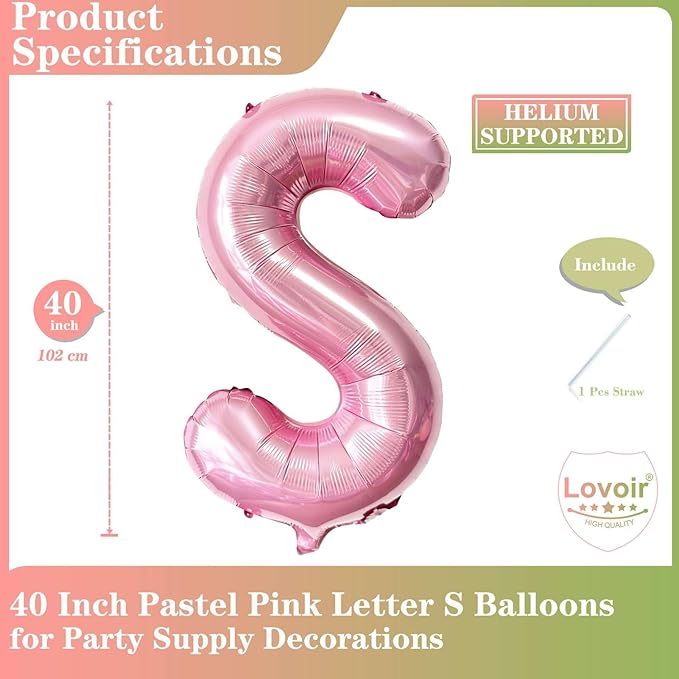 Pink Letter S Balloons, 40 Inch Pastel Pink Letter Balloons S Foil Mylar Helium Pink Letter Balloons for Birthday Party Supplies Anniversary Event Celebration Decorations Alphabet Pink S