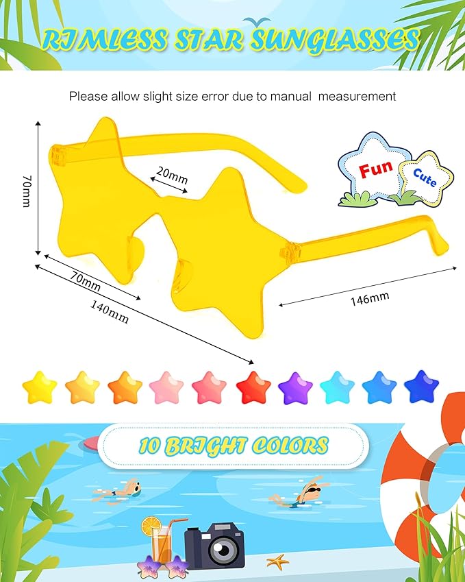20 Pairs Rimless Star Sunglasses Bulk Transparent Candy Color Star Glasses for Women Men Party Favors